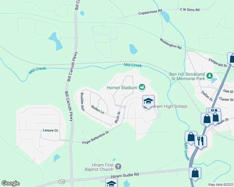 map of restaurants, bars, coffee shops, grocery stores, and more near 483 Baywood Way in Hiram