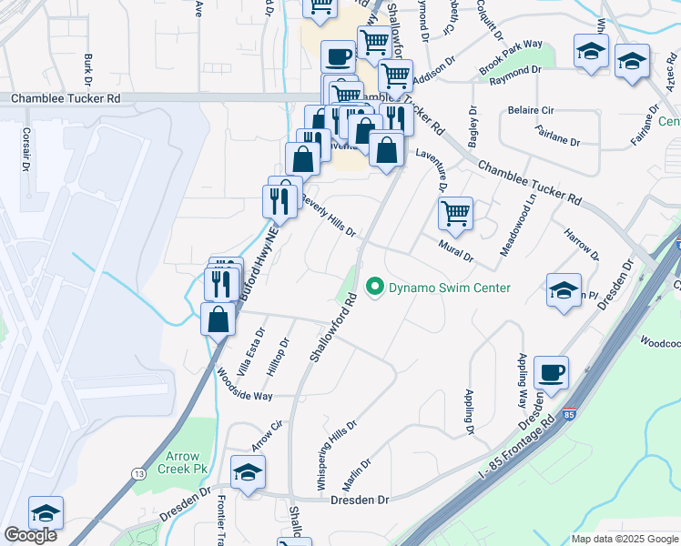 map of restaurants, bars, coffee shops, grocery stores, and more near 3128 Shallowford Place in Chamblee