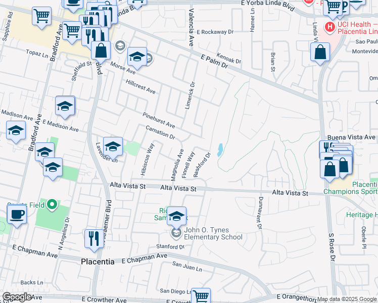 map of restaurants, bars, coffee shops, grocery stores, and more near 945 Finnell Way in Placentia