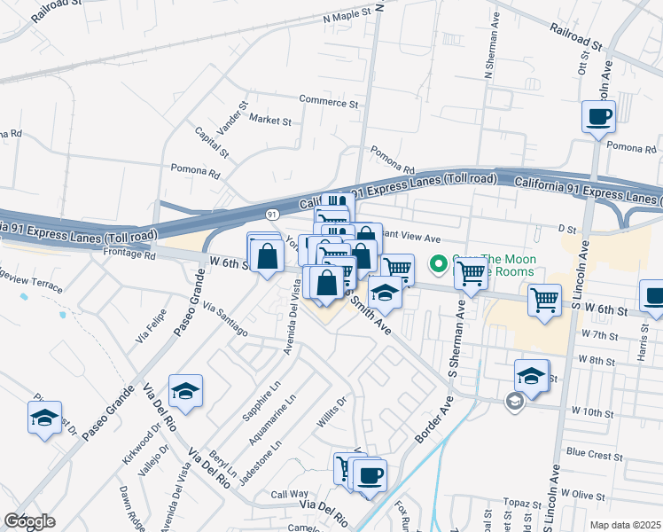 map of restaurants, bars, coffee shops, grocery stores, and more near 1539 Yorba Street in Corona