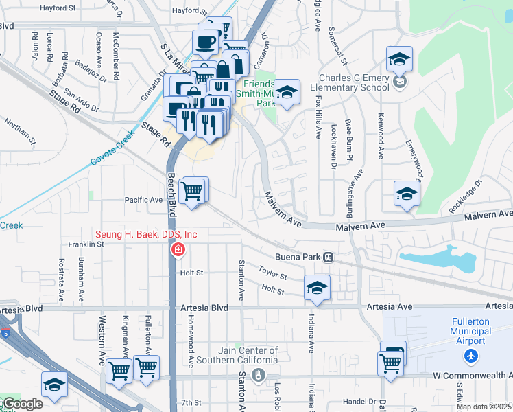 map of restaurants, bars, coffee shops, grocery stores, and more near 5500 Donner Avenue in Buena Park