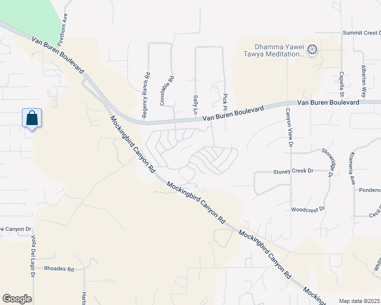 map of restaurants, bars, coffee shops, grocery stores, and more near 15181 Van Buren Boulevard in Riverside