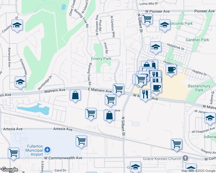 map of restaurants, bars, coffee shops, grocery stores, and more near 2533 Cypress Point Drive in Fullerton