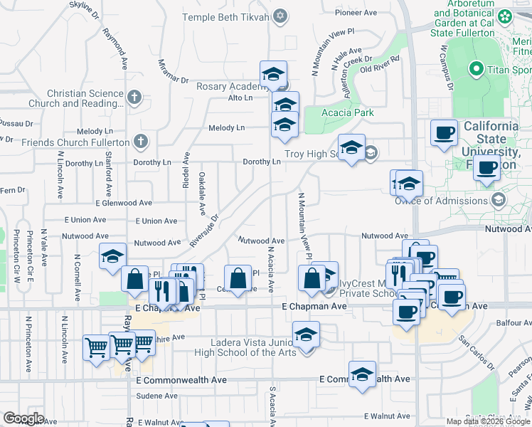map of restaurants, bars, coffee shops, grocery stores, and more near 913 North Acacia Avenue in Fullerton