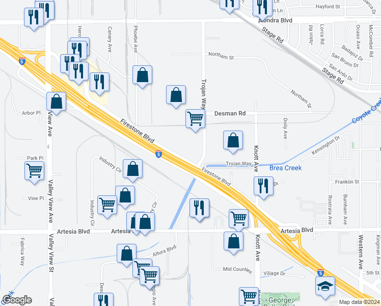 map of restaurants, bars, coffee shops, grocery stores, and more near 14703 Firestone Boulevard in La Mirada