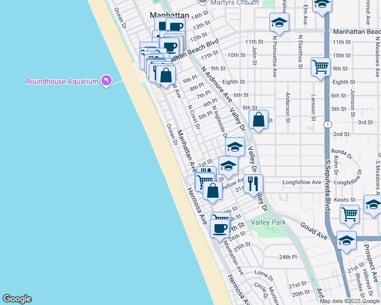 map of restaurants, bars, coffee shops, grocery stores, and more near 212 Manhattan Avenue in Manhattan Beach