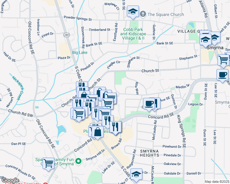 map of restaurants, bars, coffee shops, grocery stores, and more near 3135 Reeves Street in Smyrna