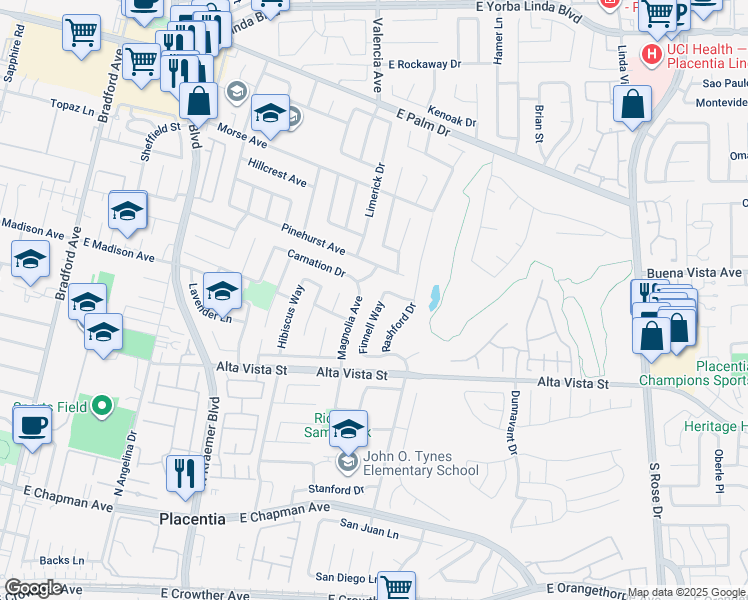 map of restaurants, bars, coffee shops, grocery stores, and more near 945 Finnell Way in Placentia