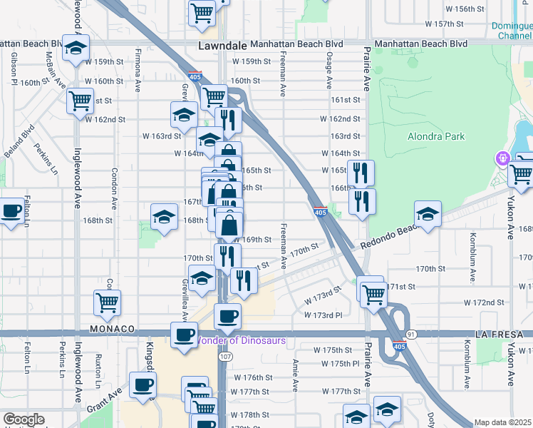 map of restaurants, bars, coffee shops, grocery stores, and more near 4227 168th Street in Lawndale