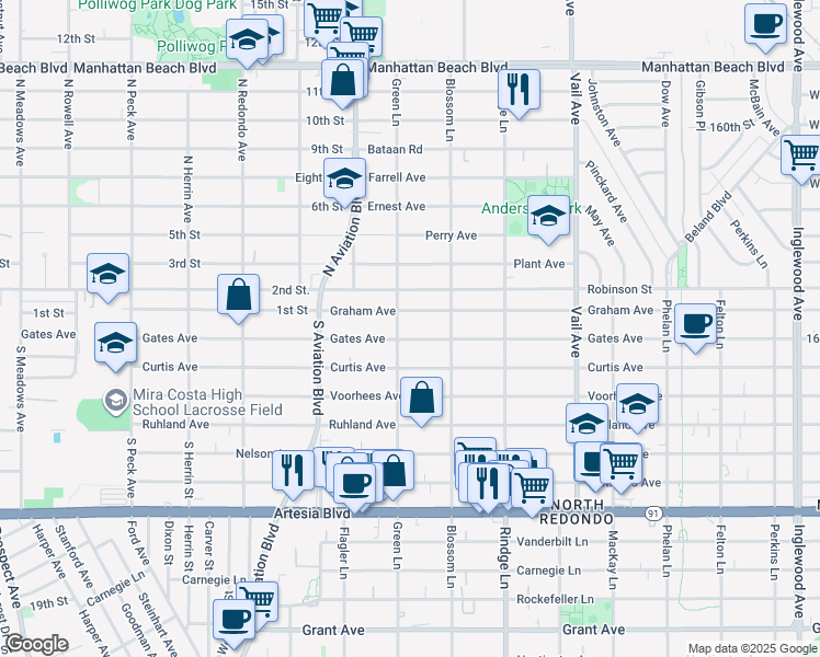 map of restaurants, bars, coffee shops, grocery stores, and more near 2005 Gates Avenue in Redondo Beach