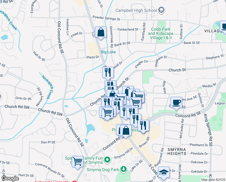 map of restaurants, bars, coffee shops, grocery stores, and more near South Cobb Drive & Church Road Southeast in Smyrna