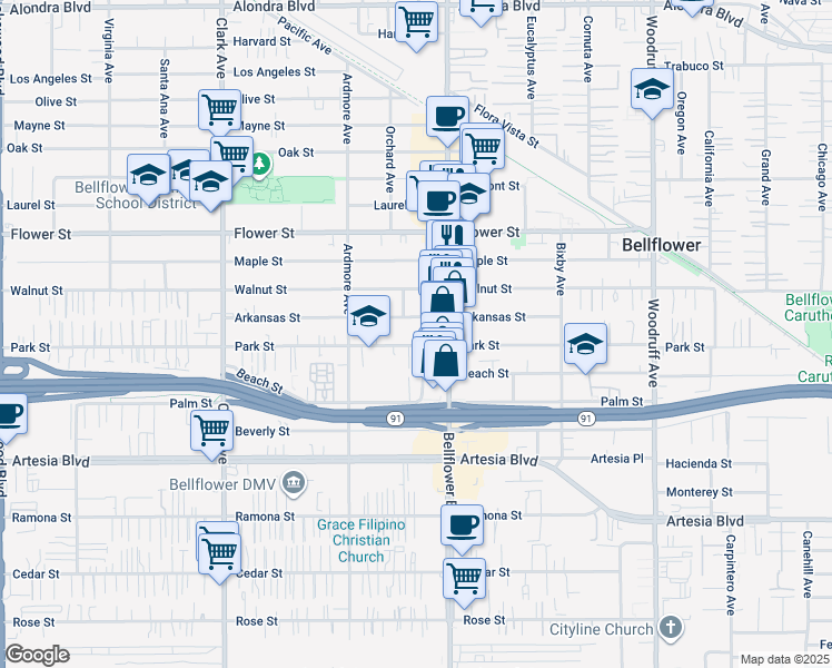 map of restaurants, bars, coffee shops, grocery stores, and more near 9729 Park Street in Bellflower