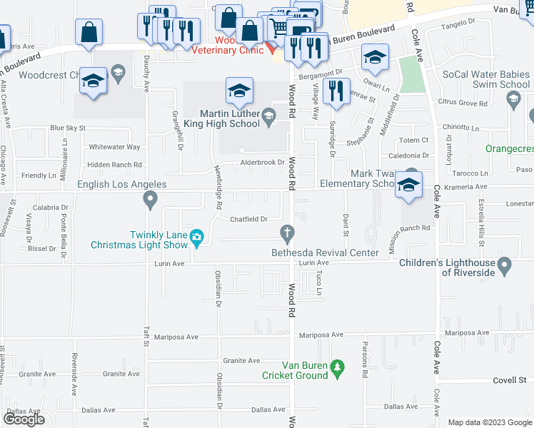 map of restaurants, bars, coffee shops, grocery stores, and more near 18906 Chatfield Drive in Riverside