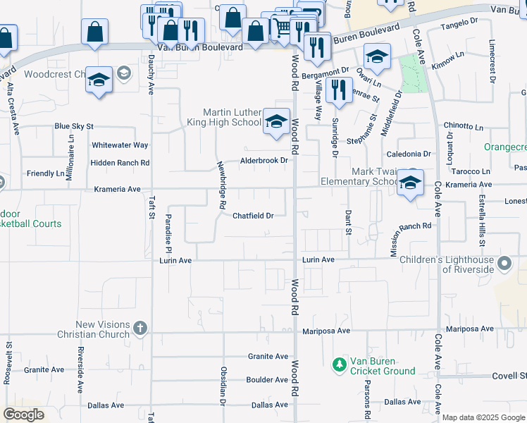 map of restaurants, bars, coffee shops, grocery stores, and more near 18906 Chatfield Drive in Riverside
