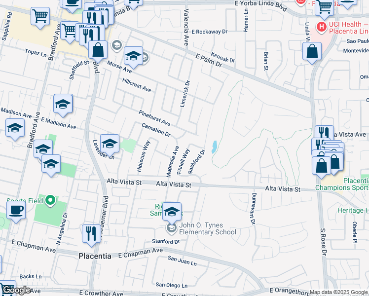map of restaurants, bars, coffee shops, grocery stores, and more near 945 Finnell Way in Placentia