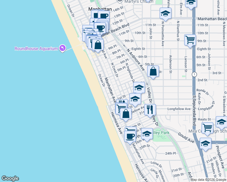 map of restaurants, bars, coffee shops, grocery stores, and more near 212 Manhattan Avenue in Manhattan Beach
