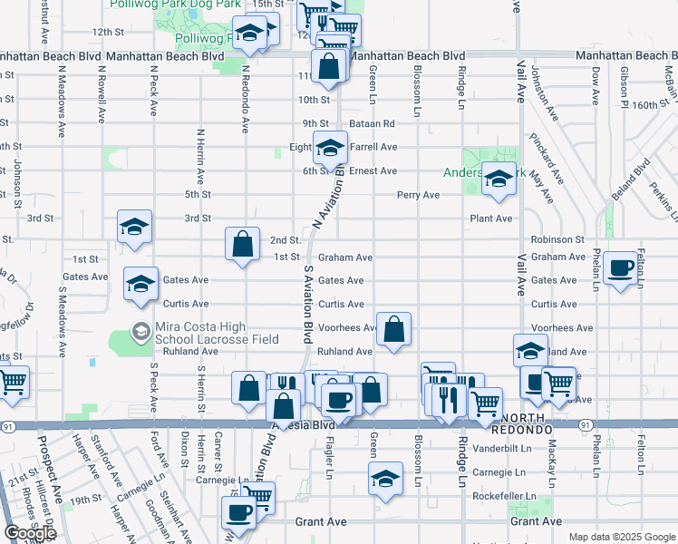 map of restaurants, bars, coffee shops, grocery stores, and more near 1917 Gates Avenue in Redondo Beach