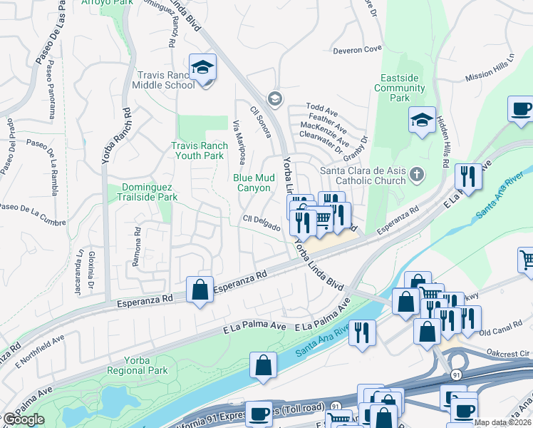 map of restaurants, bars, coffee shops, grocery stores, and more near 5688 Avenue Florencia in Yorba Linda