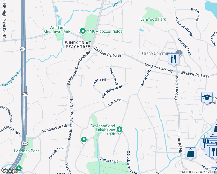 map of restaurants, bars, coffee shops, grocery stores, and more near 4540 Club Valley Drive Northeast in Atlanta