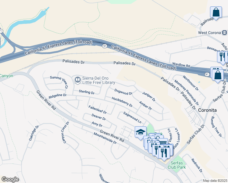 map of restaurants, bars, coffee shops, grocery stores, and more near 3178 Dogwood Drive in Corona