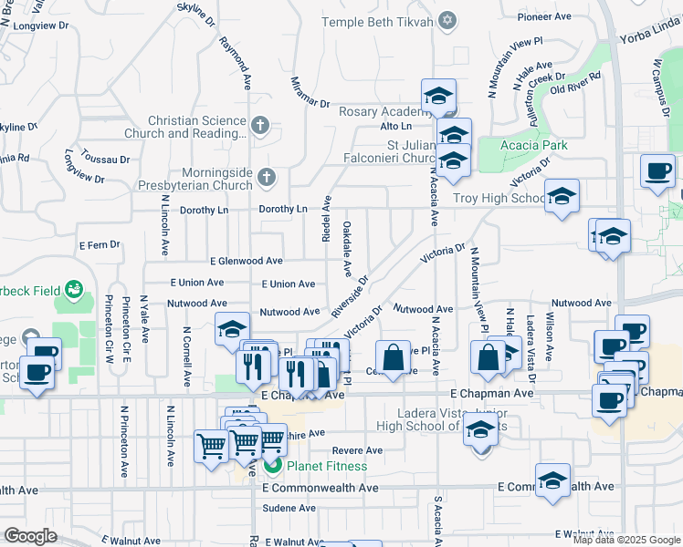map of restaurants, bars, coffee shops, grocery stores, and more near 917 Oakdale Avenue in Fullerton