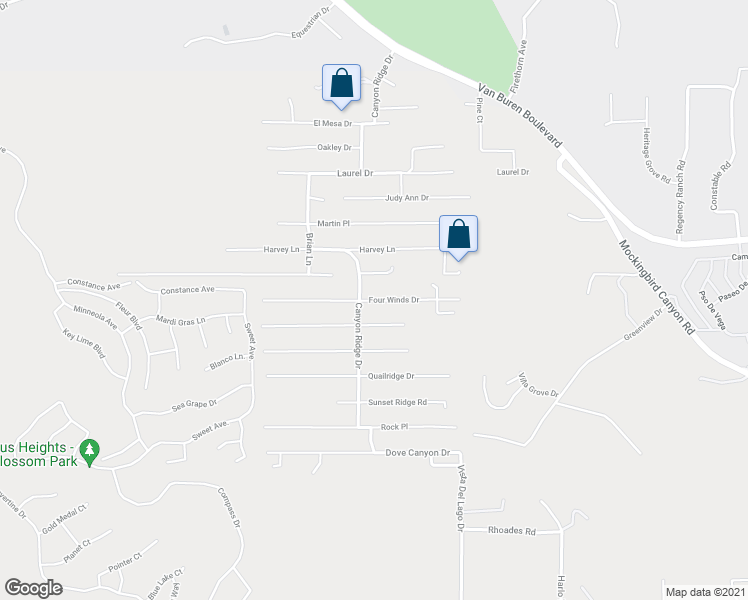 map of restaurants, bars, coffee shops, grocery stores, and more near Four Winds Drive in Riverside