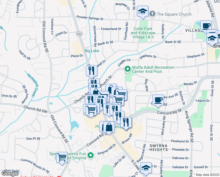 map of restaurants, bars, coffee shops, grocery stores, and more near 3059 South Cobb Drive Southeast in Smyrna