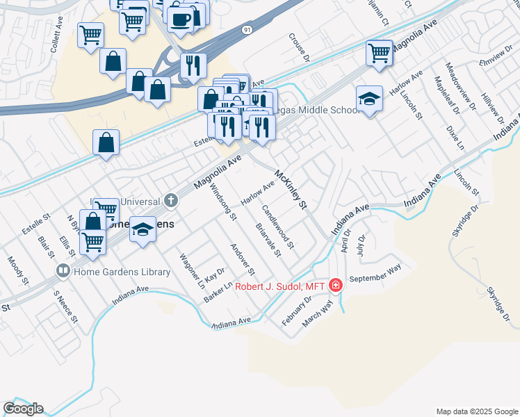 map of restaurants, bars, coffee shops, grocery stores, and more near 3638 Candlewood Street in Corona