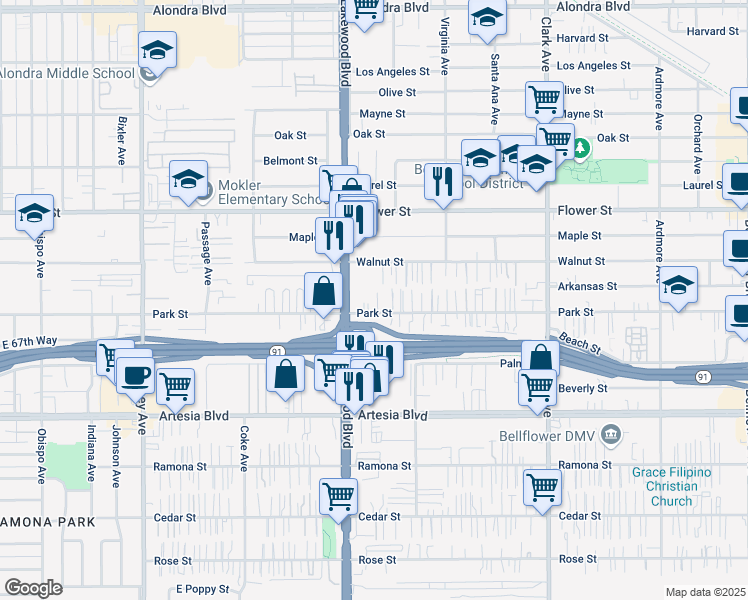 map of restaurants, bars, coffee shops, grocery stores, and more near 9035 Park Street in Bellflower