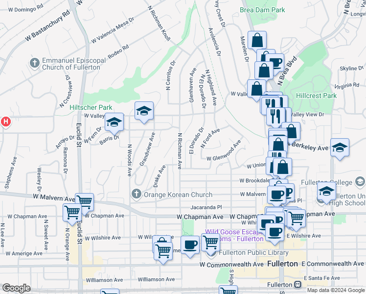 map of restaurants, bars, coffee shops, grocery stores, and more near 830 North Richman Avenue in Fullerton