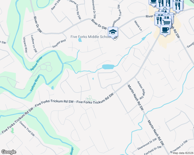 map of restaurants, bars, coffee shops, grocery stores, and more near 3492 Preservation Circle Southwest in Lilburn