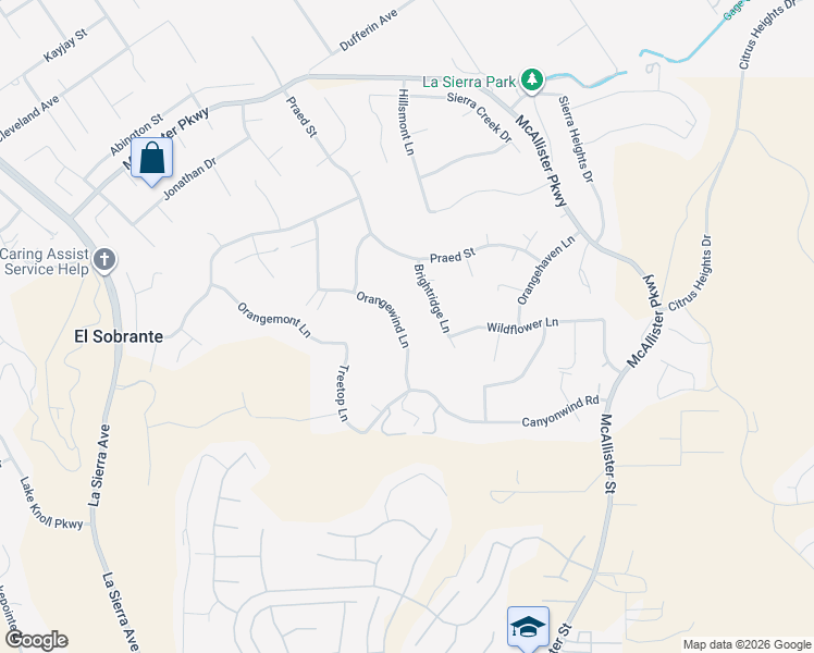 map of restaurants, bars, coffee shops, grocery stores, and more near 16562 Orangewind Lane in Riverside