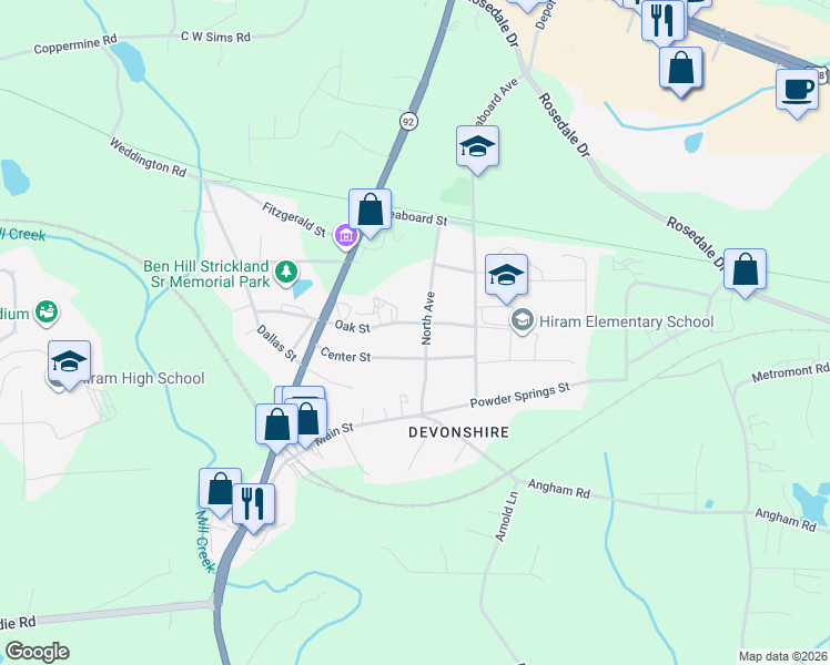 map of restaurants, bars, coffee shops, grocery stores, and more near 185 North Avenue in Hiram