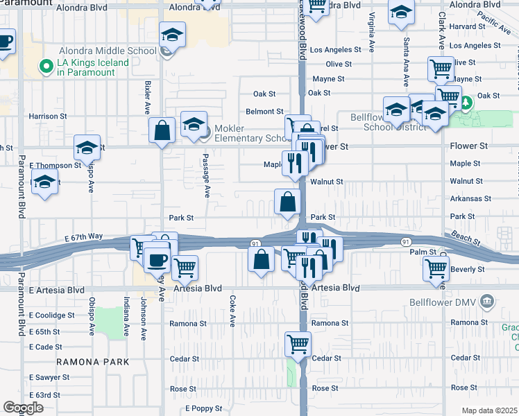 map of restaurants, bars, coffee shops, grocery stores, and more near in Bellflower