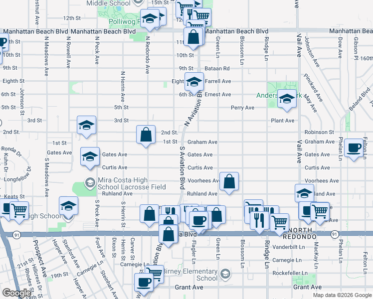 map of restaurants, bars, coffee shops, grocery stores, and more near 2606 South Aviation Boulevard in Manhattan Beach