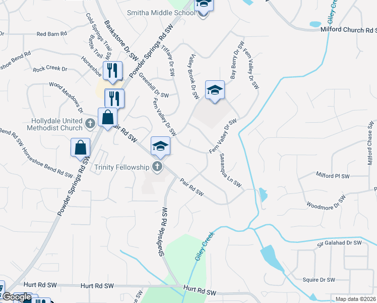 map of restaurants, bars, coffee shops, grocery stores, and more near 3056 Fern Valley Drive Southwest in Marietta
