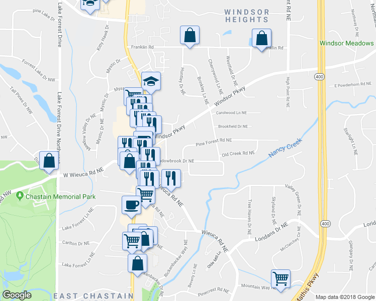 map of restaurants, bars, coffee shops, grocery stores, and more near 341 Pine Forest Road Northeast in Atlanta