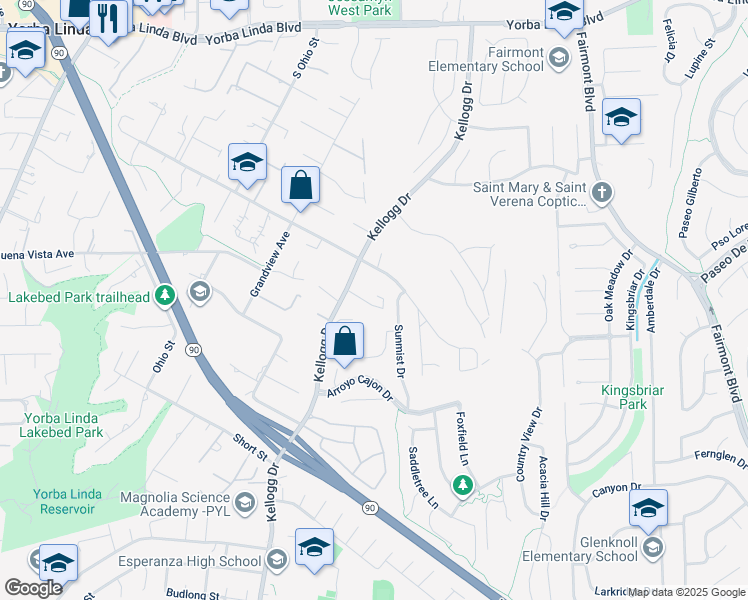 map of restaurants, bars, coffee shops, grocery stores, and more near 5640 Kellogg Drive in Yorba Linda