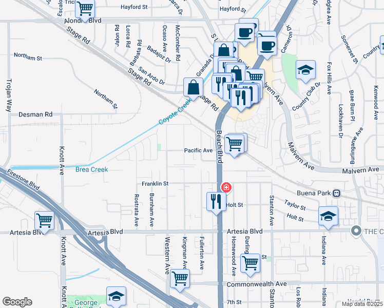 map of restaurants, bars, coffee shops, grocery stores, and more near 7612 Pacific Avenue in Buena Park