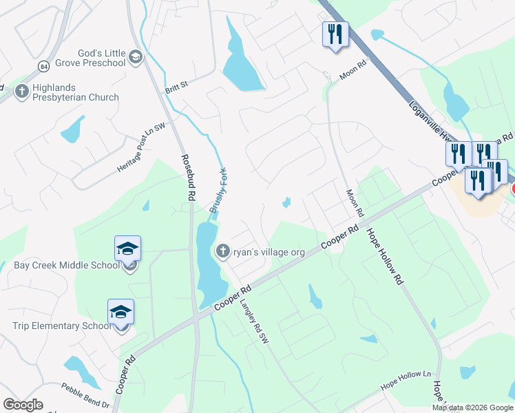 map of restaurants, bars, coffee shops, grocery stores, and more near 697 Gadwall Drive in Grayson
