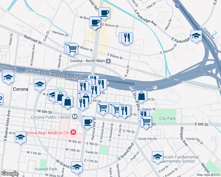 map of restaurants, bars, coffee shops, grocery stores, and more near 316 East 2nd Street in Corona