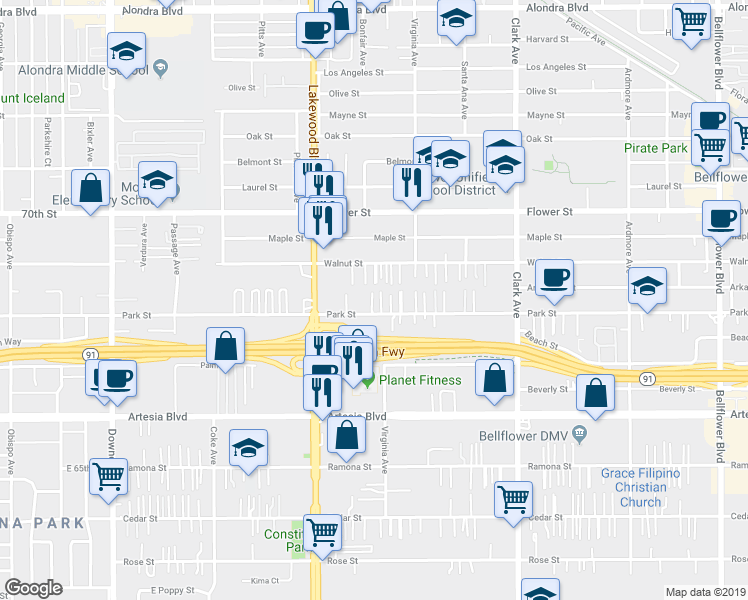 map of restaurants, bars, coffee shops, grocery stores, and more near 9103 Park Street in Bellflower