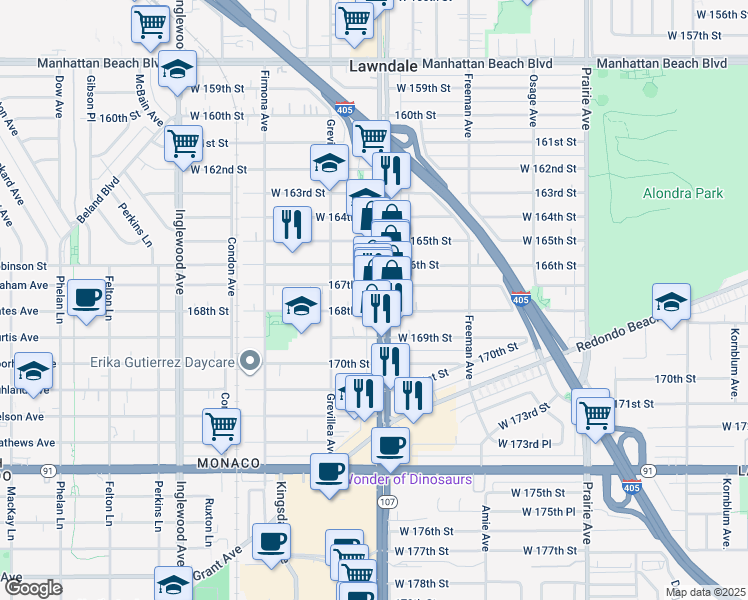 map of restaurants, bars, coffee shops, grocery stores, and more near 16715 Hawthorne Boulevard in Lawndale