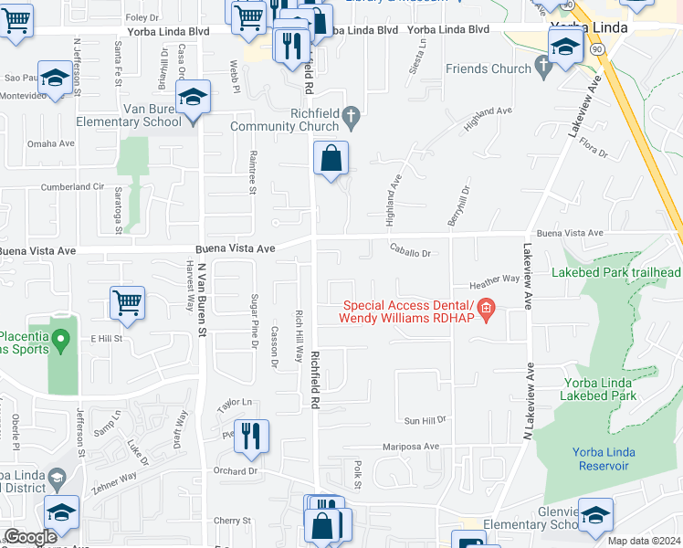 map of restaurants, bars, coffee shops, grocery stores, and more near 17691 Sonoma Way in Yorba Linda