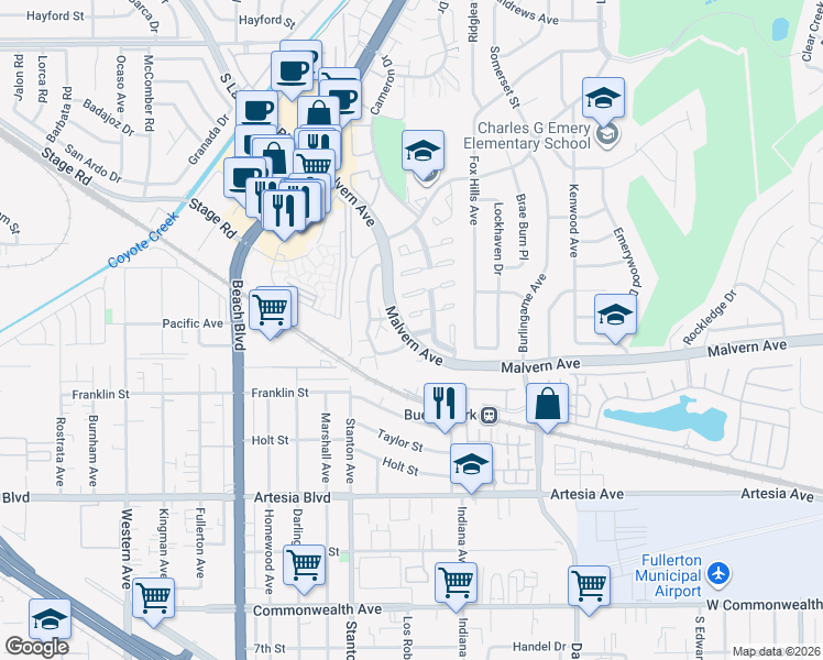 map of restaurants, bars, coffee shops, grocery stores, and more near 8187 Owens Street in Buena Park