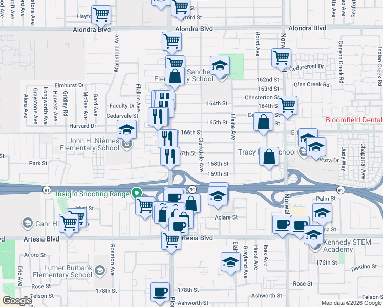 map of restaurants, bars, coffee shops, grocery stores, and more near 11865 167th Street in Artesia