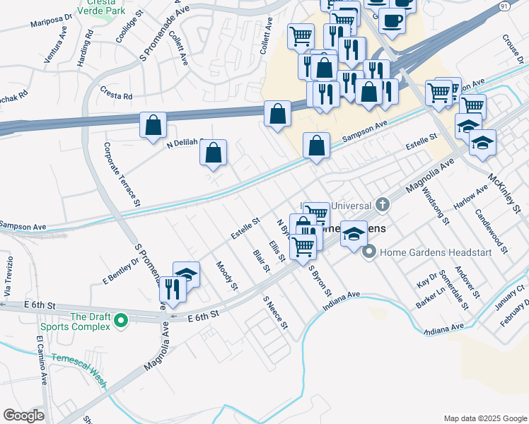 map of restaurants, bars, coffee shops, grocery stores, and more near 4037 Ellis Street in Corona