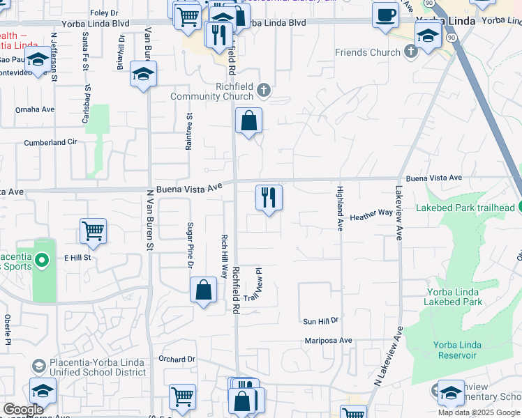 map of restaurants, bars, coffee shops, grocery stores, and more near 17691 Sonoma Way in Yorba Linda