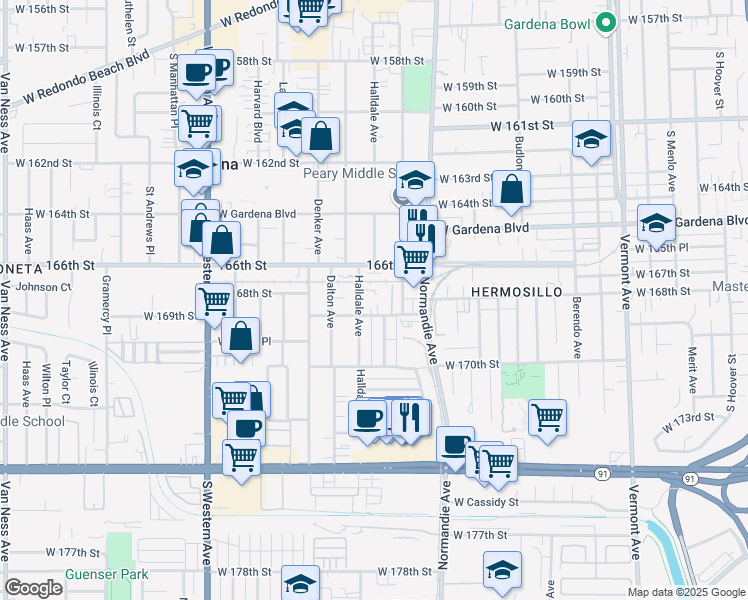 map of restaurants, bars, coffee shops, grocery stores, and more near 1444 West 168th Street in Gardena