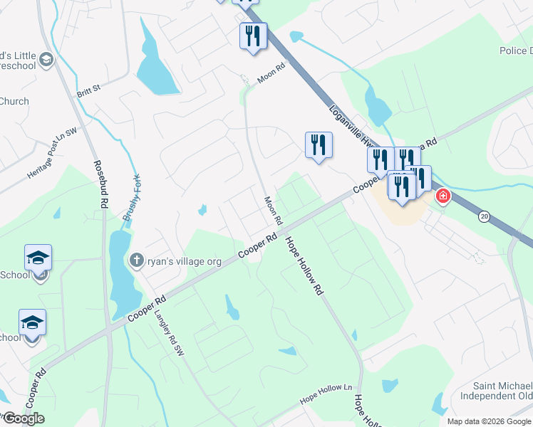 map of restaurants, bars, coffee shops, grocery stores, and more near 2626-2698 Moon Road in Loganville